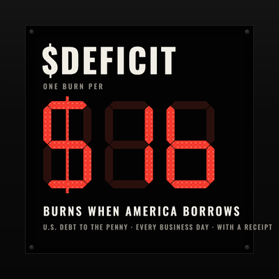 $DEFICIT avatar: a debt-clock board reading $1B, burns when America borrows